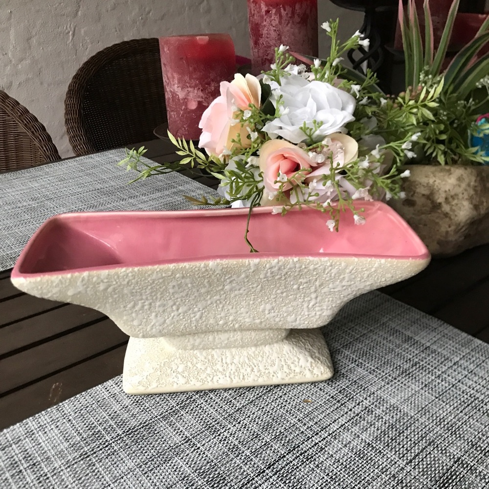 Vtg MCM Shabby Pink Cream Textured Planter Vase Pedestal 11”  Royal Windsor Chic